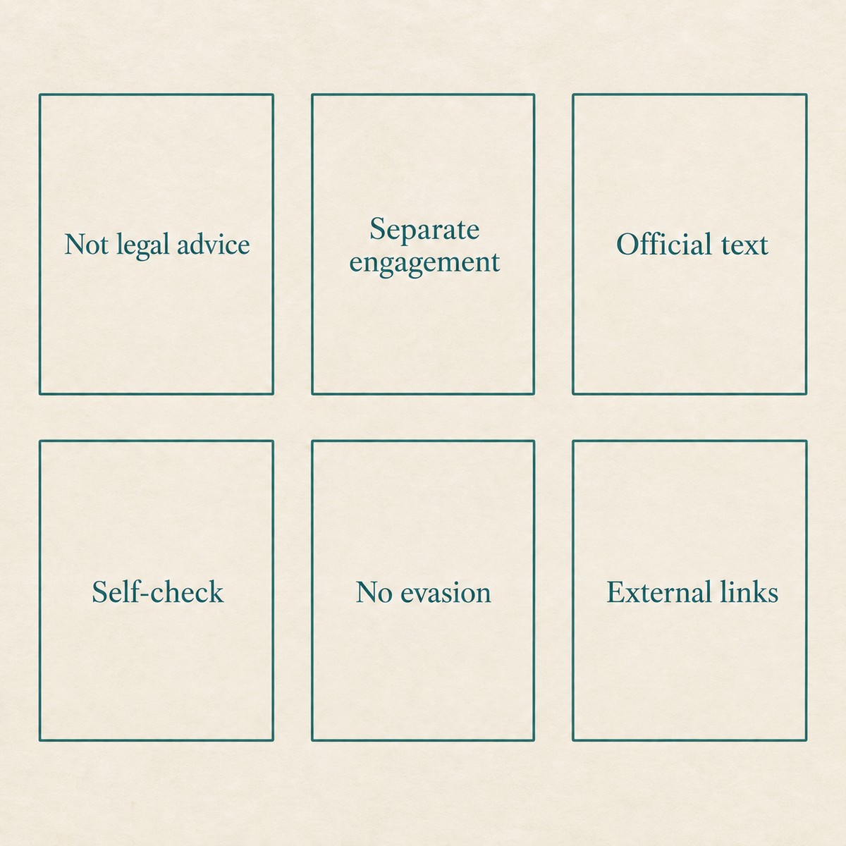 Schematic: six disclaimer statements — advice, engagement, official text, self-check, no evasion, external links