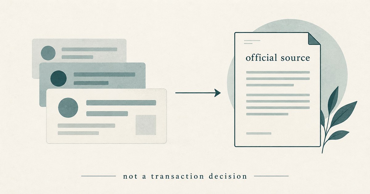 Schematic: party-page sections lead to official-source verification — not a transaction decision
