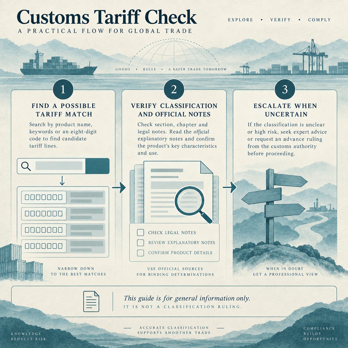Flow: tariff match → still verify classification / official notes / escalate — not a ruling
