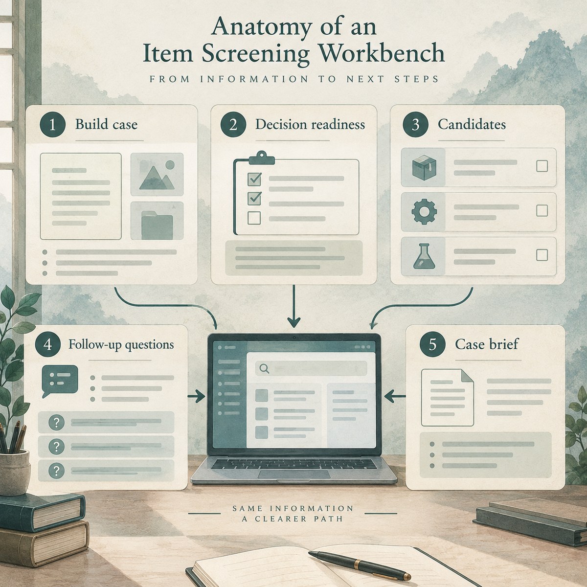 Schematic of item screening: build case, decision readiness, candidates, follow-up questions, case brief