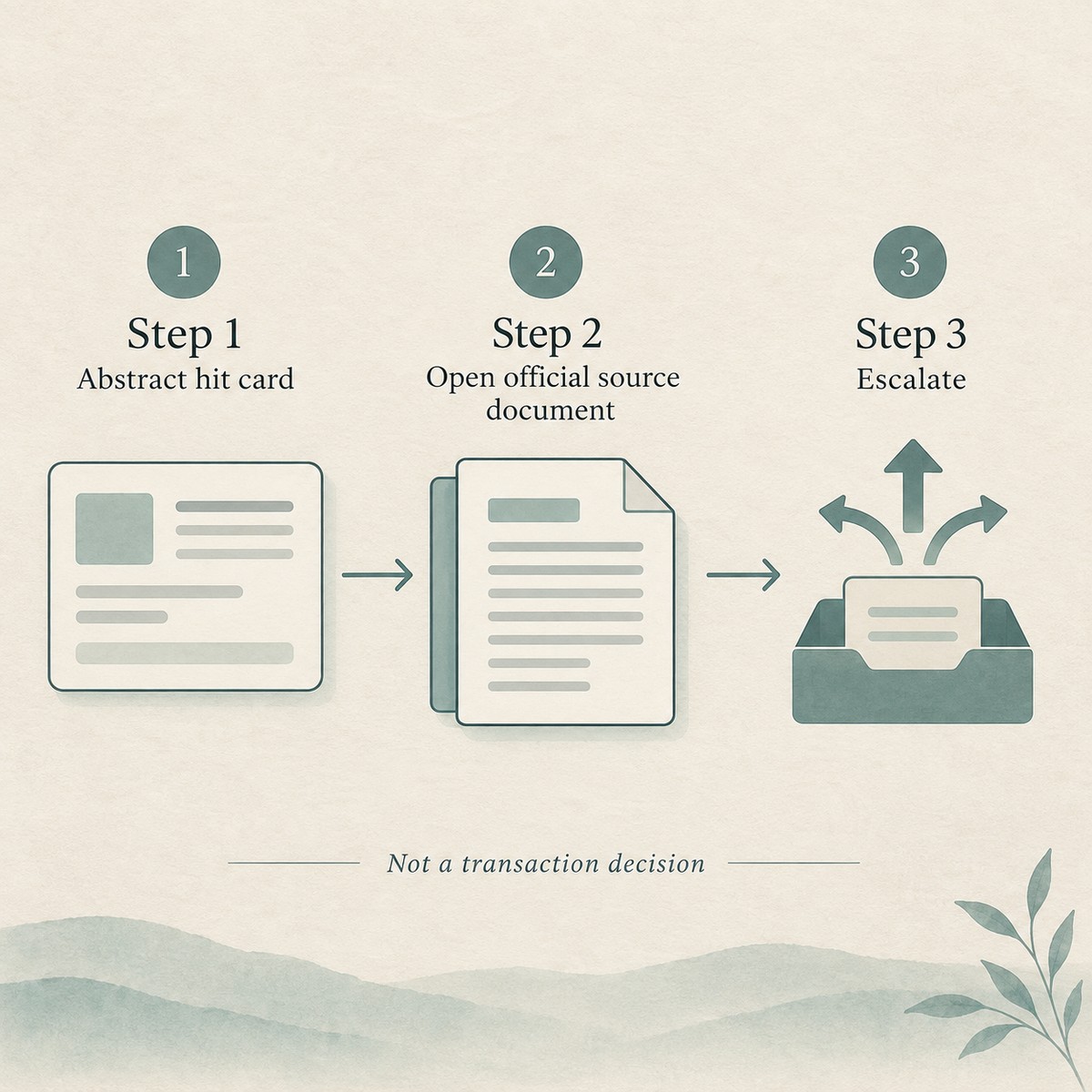 Flow: sanctions hit → open official source file → escalate — not a transaction decision