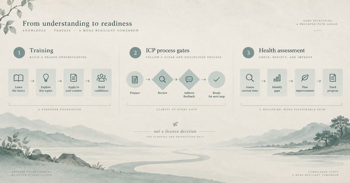 Schematic: three calm service paths — training, ICP, assessment — not a licence