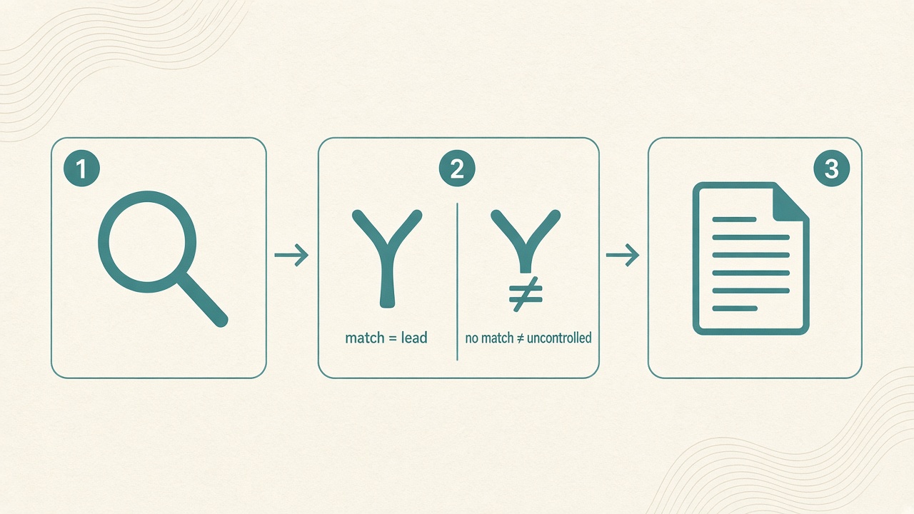 Flow: catalog search → match or no match → open official text / escalate