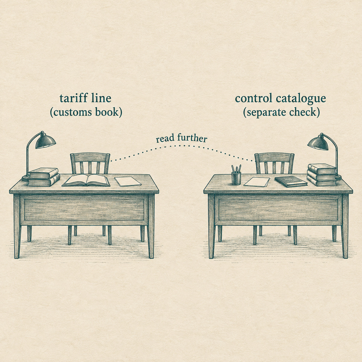 Schematic: two separate desks — a customs tariff lookup desk and an export-control catalogue desk — with no arrow implying one answers the other